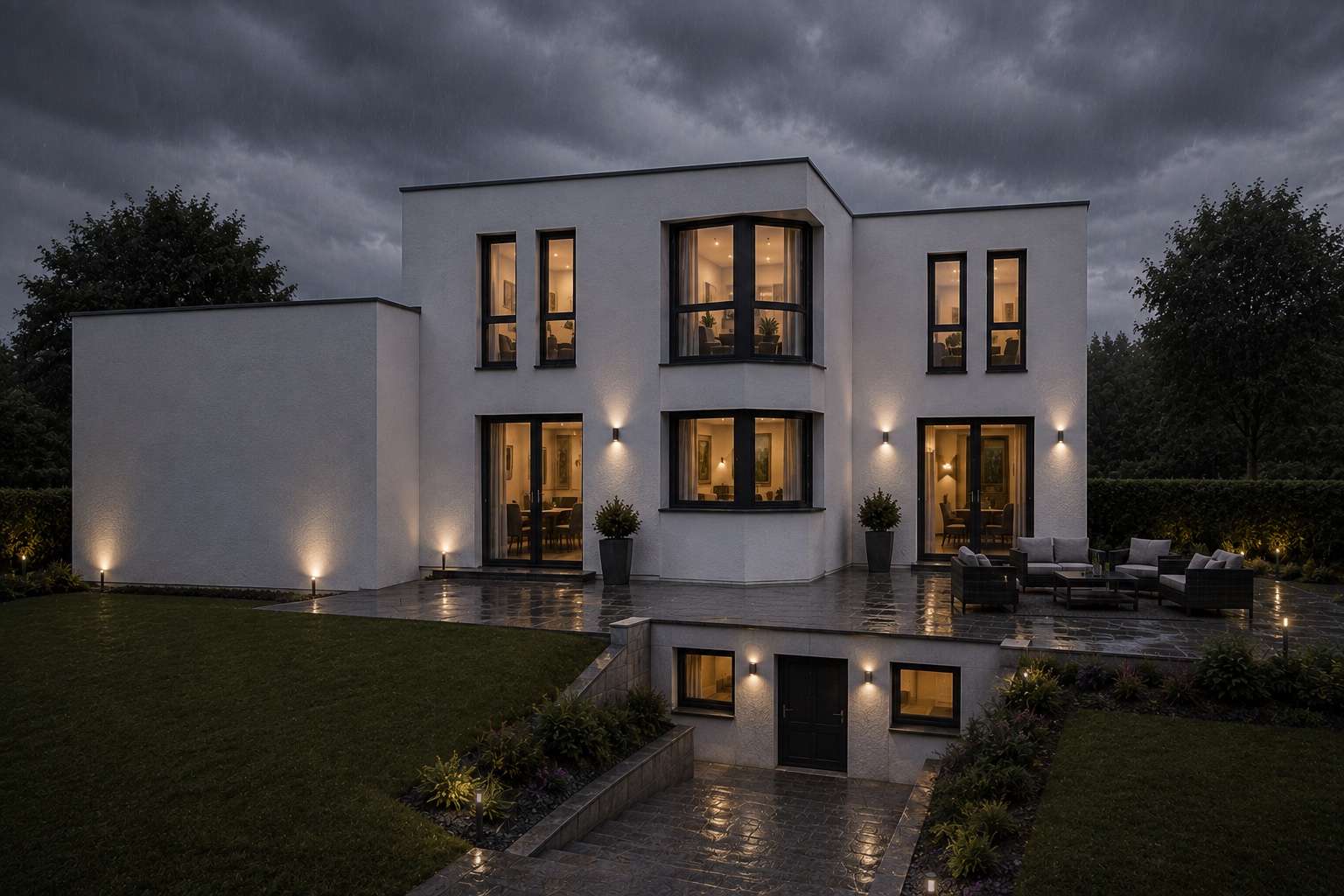 Architekturvisualisierung eines modernen Wohnhauses mit Garten